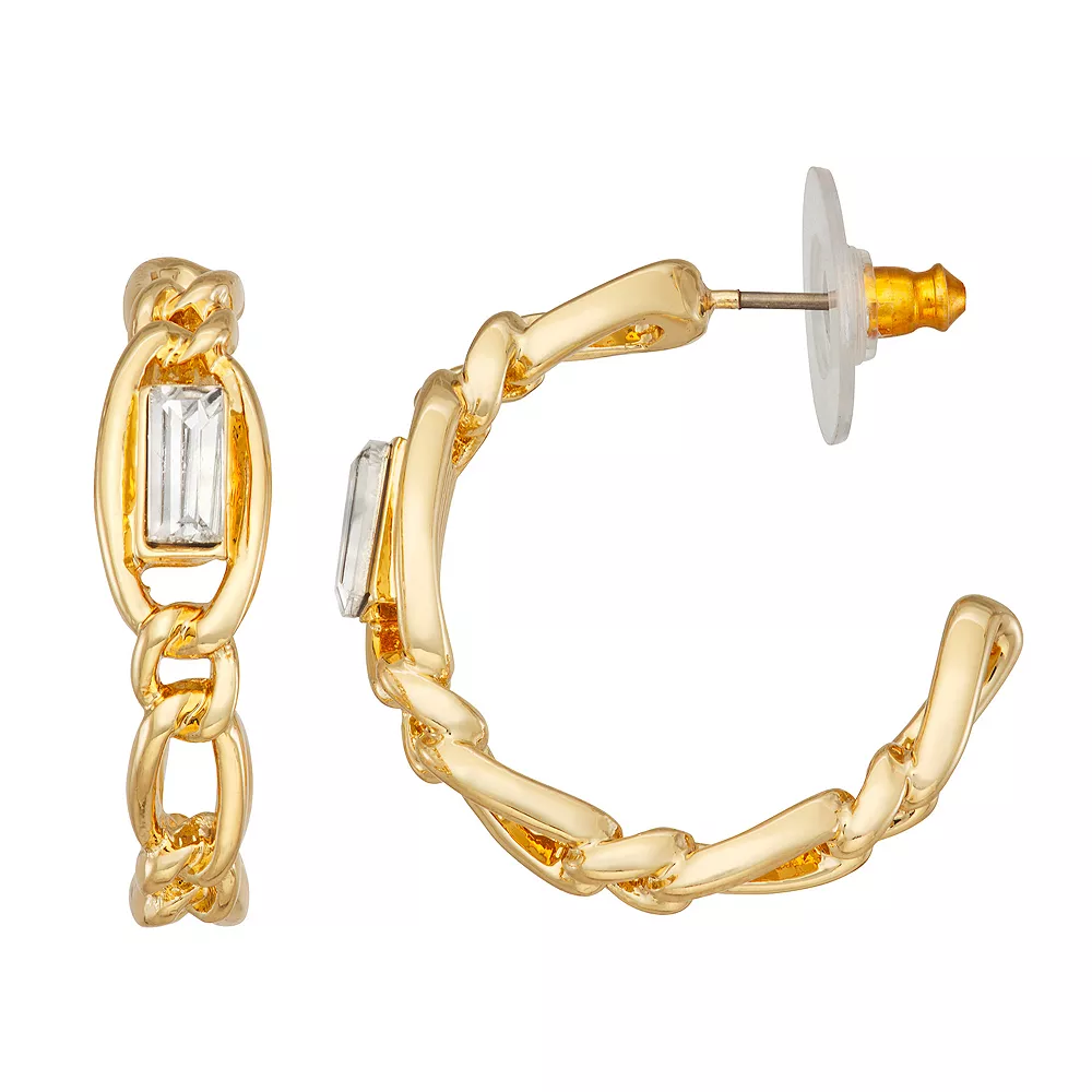 Nine West Gold Tone Crystal Chain Link C-Hoop Earrings 3 Nine West Gold Tone Crystal Chain Link C-Hoop Earrings