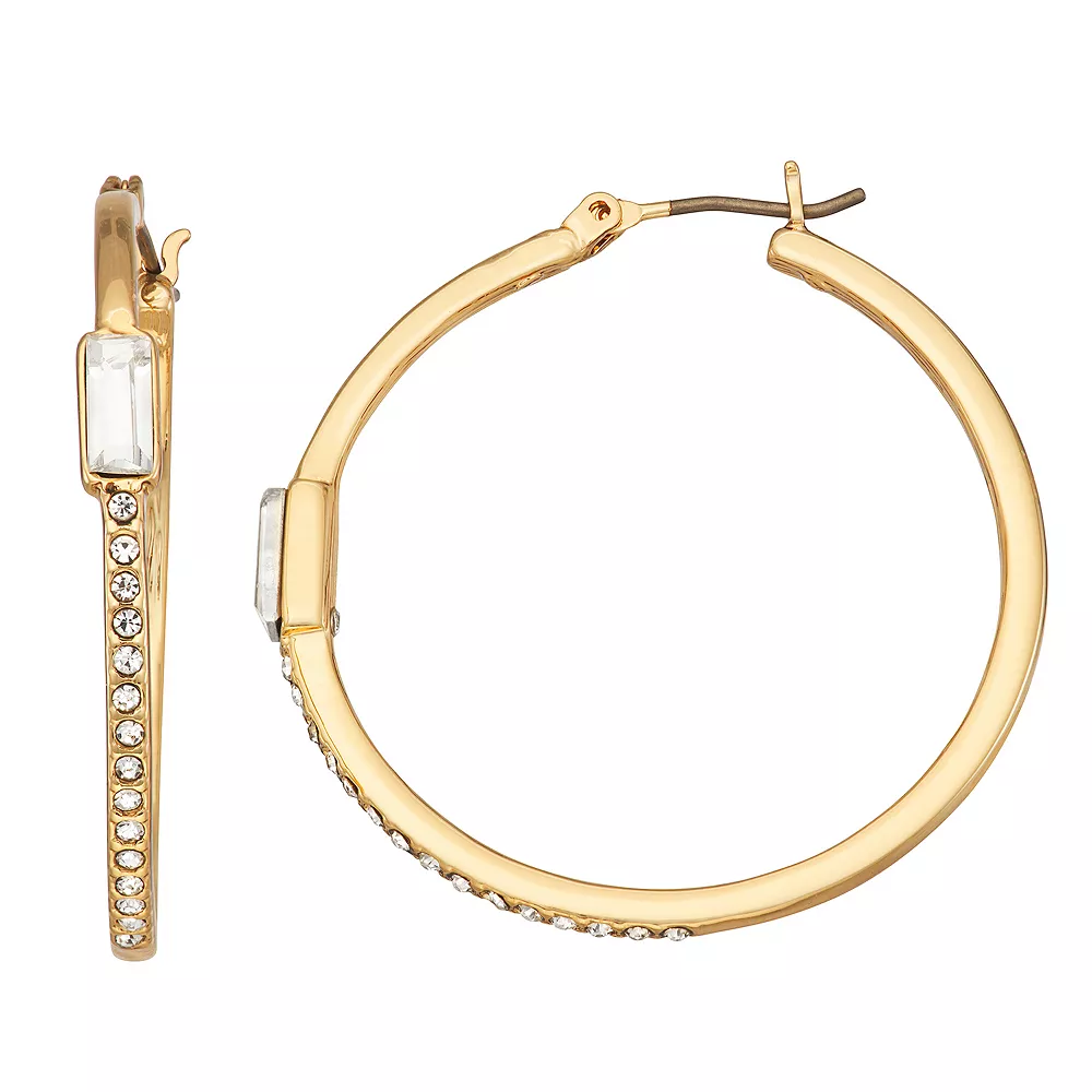 Nine West Gold Tone Crystal Pave & Baguette Hoop Earrings 3 Nine West Gold Tone Crystal Pave & Baguette Hoop Earrings