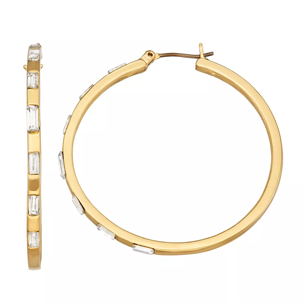 Nine West Gold Tone Crystal Baguette-Studded Hoop Earrings 3 Nine West Gold Tone Crystal Baguette-Studded Hoop Earrings