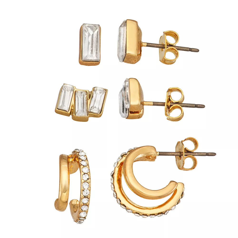 Nine West Gold Tone Crystal 3-Pack Earrings Set 3 Nine West Gold Tone Crystal 3-Pack Earrings Set